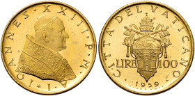 Giovanni XXIII (Angelo Giuseppe Roncalli), 28 ottobre 1958 – 3 giugno 1963. 

Da 100 lire anno I/1959. Pagani 866. Friedberg 292. Molto rara. Fdc