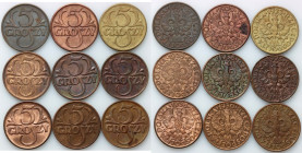 II RP	 zestaw 5 groszy z lat 1923-1939	 (9 sztuk)