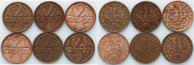 II RP	 zestaw monet 2 grosze z lat 1925-1938	 (6 sztuk)