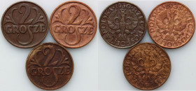 II RP	 zestaw monet 2 grosze z lat 1927-1931	 (3 sztuki)