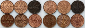 II RP	 zestaw monet 2 grosze z lat 1927-1939	 (6 sztuk)