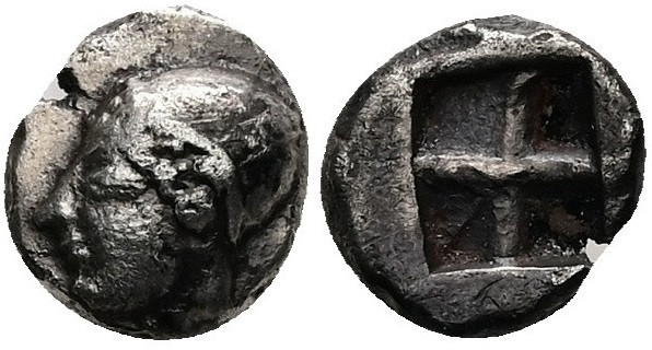 Diobol AR
Ionia, Phokaia, archaic female head left, wearing earring and helmet ...