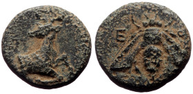 Bronze Æ
Ionia, Ephesos c. 387-285 BC, E-Φ, bee / Forepart of stag right
11 mm, 1,68 g
SNG Copenhagen 244