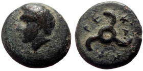 Bronze Æ
Dynasts of Lycia, Perikles, c. 380-360 BC,
Horned head of Pan l.
Triskeles ('Perikle' in Lykian)
12 mm, 2,33 g
SNG Aulock 4257-4258