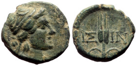 Bronze Æ
Pisidia, Isinda, 1st century BC, Head of Demeter(?) right / IΣ-IN. Grain ear
12 mm, 2,02 g
SNG France 1589; SNG von Aulock 5031
