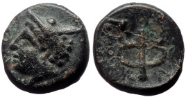 Bronze Æ
Ionia, Phokaia, 3rd- 2nd century BC, Head of Hermes l., wearing petasos, Monogram of Phokaia in form of kerykeion. ?-A
10 mm, 1,70 g
SNG C...