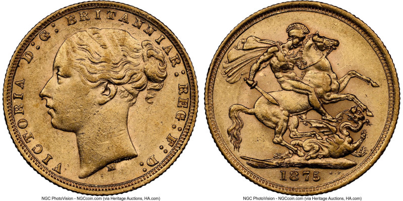 Victoria gold "St. George" Sovereign 1875-M AU58 NGC, Melbourne mint, KM7. HID09...