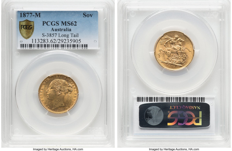 Victoria gold "St. George" Sovereign 1877-M MS62 PCGS, Melbourne mint, KM7, S-38...