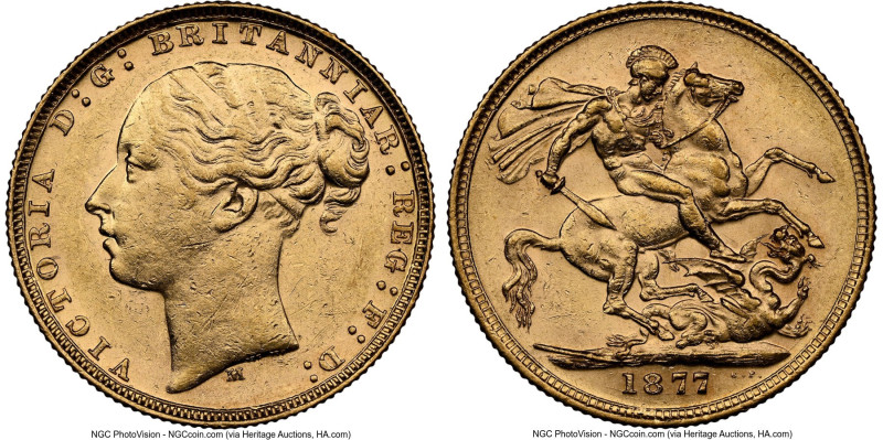 Victoria gold "St. George" Sovereign 1877-M MS60 NGC, Sydney mint, KM7, S-3857. ...