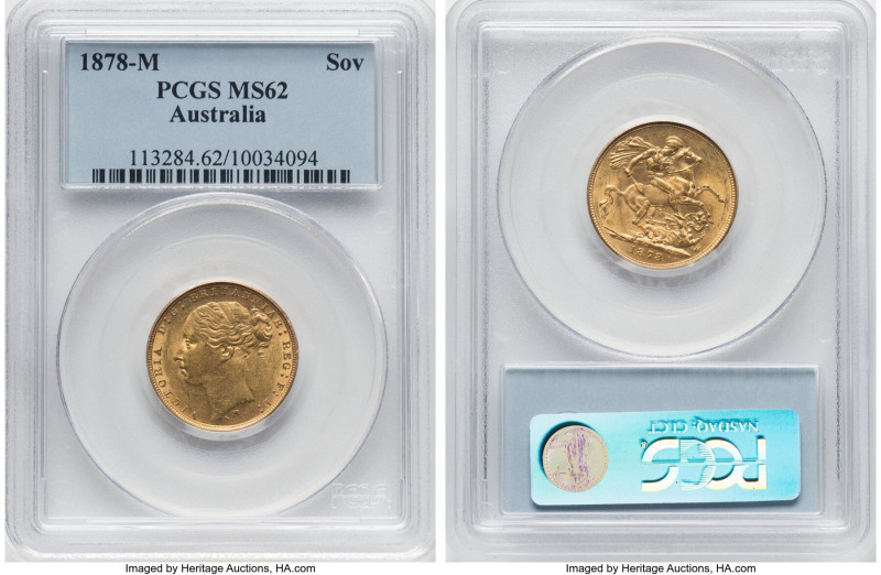 Victoria gold "St. George" Sovereign 1878-M MS62 PCGS, Melbourne mint, KM7, S-38...