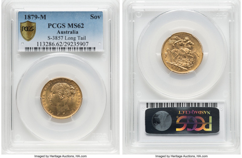 Victoria gold "St. George" Sovereign 1879-M MS62 PCGS, Melbourne mint, KM7, S-38...