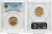 Victoria gold "St. George" Sovereign 1879-M MS62 PCGS, Melbourne mint, KM7, S-3857. Long Tail variety. HID09801242017 © 2024 Heritage Auctions | All R...