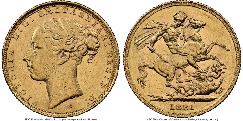 Victoria gold "St. George" Sovereign 1881-S AU58 NGC, Sydney mint, KM7, S-3858D....