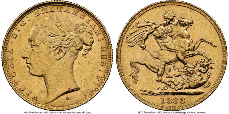 Victoria gold "St. George" Sovereign 1883-M AU58 NGC, Melbourne mint, KM7, S-385...