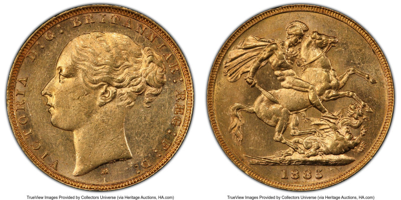 Victoria gold "St. George" Sovereign 1885-M MS62 PCGS, Melbourne mint, KM7, S-38...