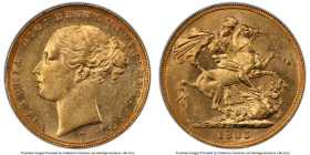 Victoria gold "St. George" Sovereign 1885-M MS62 PCGS, Melbourne mint, KM7, S-3857B. W.W. Buried. Small BP. Tied with one other as the finest example ...