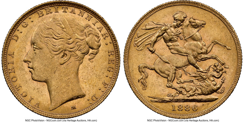Victoria gold "St. George" Sovereign 1886-M AU58 NGC, Melbourne mint, KM7, S-385...