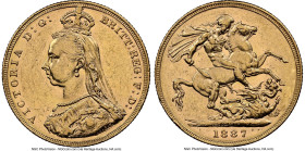 Victoria gold "Jubilee Head" Sovereign 1887-M AU58 NGC, Melbourne mint, KM10, S-3867. First legend. HID09801242017 © 2024 Heritage Auctions | All Righ...