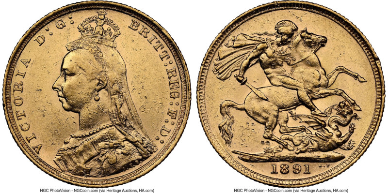 Victoria gold "Jubilee Head" Sovereign 1891-S AU58 NGC, Sydney mint, KM10, S-386...
