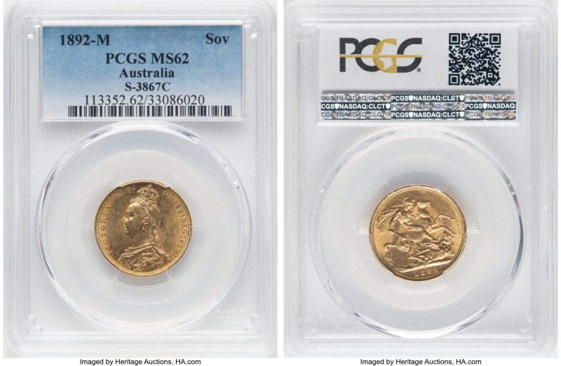 Victoria gold "Jubilee Head" Sovereign 1892-M MS62 PCGS, Melbourne mint, KM10, S...