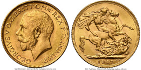 George V gold Sovereign 1917-M MS65 NGC, Melbourne mint, KM29, S-3999. A sparingly handled Gem with attractive satiny fields, fully deserving of its e...
