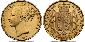 Victoria gold "Shield" Sovereign 1857 AU58 NGC, KM736.1, S-3852D. HID09801242017 © 2024 Heritage Auctions | All Rights Reserved