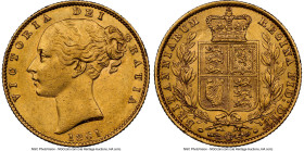 Victoria gold "Shield" Sovereign 1861 AU58 NGC, KM736.1, S-3859A. HID09801242017 © 2024 Heritage Auctions | All Rights Reserved