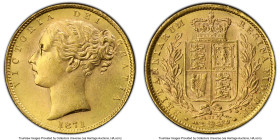 Victoria gold "Shield" Sovereign 1871 MS63 PCGS, KM736.2, S-3853B. Die #29. A pleasing pale-gold selection with Choice fields and cartwheeling luster....