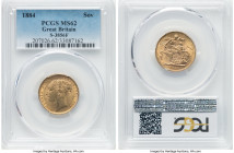 Victoria gold "St. George" Sovereign 1884 MS62 PCGS, KM752, S-3856F. BP on reverse, WW complete on broad truncation, short tail. HID09801242017 © 2024...