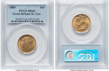 Victoria gold "St. George" Sovereign 1885 MS62 PCGS, KM752, S-3856F. BP on reverse, WW complete on broad truncation, short tail. HID09801242017 © 2024...