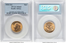 George V gold Sovereign 1931-SA MS65 PCGS, Pretoria mint, KM-A22, S-4005. Challenging to locate in any loftier technical grade than this, with only tw...