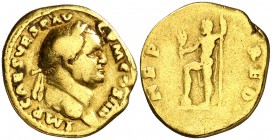 (72-73 d.C.). Vespasiano. Áureo. (Spink falta) (Co. 273) (RIC. 358) (Calicó 654). 6,94 g. Golpe en canto. BC+/BC.