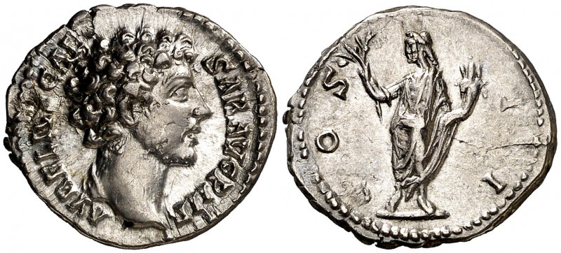 (145 d.C.). Marco Aurelio. Denario. (Spink 4782 var) (S. 110) (RIC. 429a, de Ant...