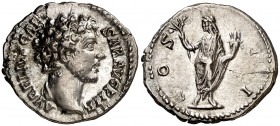(145 d.C.). Marco Aurelio. Denario. (Spink 4782 var) (S. 110) (RIC. 429a, de Antonino pío). 3,42 g. EBC-.