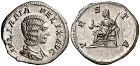 (215 d.C.). Julia Domna. Denario. (Spink 7109) (S. 226) (RIC. 391, de Caracalla). 2,48 g. Bella. EBC.