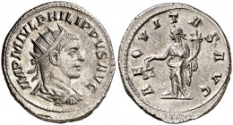 (247 d.C.). Filipo II. Antoniniano. (Spink 9258 var) (S. falta) (RIC. falta). 4,92 g. Bella. EBC/EBC-.