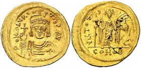 Mauricio Tiberio (582-602). Constantinopla. Sólido. (Ratto falta) (S. 478). 4,42 g. Acuñada sobre otra moneda. MBC+.