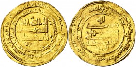 AH 324. Califato Abasida de Bagdad. Al-Rahdy billah. Hamadan Dinar. (S.Album 254.1). 3,47 g. Dos contramarcas circulares en campo del anverso. MBC.