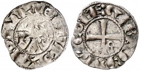 Comtat del Rosselló. Gerard II (1164-1172). Perpinyà. Diner. (Cru.V.S. 115) (Cru.C.G. 1901). 0,62 g. Ligeras grietas e insignificante perforación. MBC...