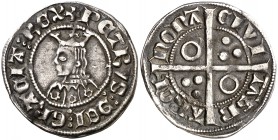 Pere III (1336-1387). Barcelona. Croat. (Cru.V.S. 402) (Badia falta) (Cru.C.G. 2220b). 3,13 g. Flores de seis pétalos en el vestido. Letras A y U lati...