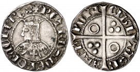 Pere III (1336-1387). Barcelona. Croat. (Cru.V.S. 408.6) (Badia 342) (Cru.C.G. 2223a var). 3,16 g. Flores de cinco pétalos y cruz en el vestido. Letra...