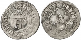 Enrique II (1368-1379). Toledo. Medio real. (AB. 411.1 var). 1,60 g. LEGIO rectificado sobre CASTE. Muy rara. MBC.