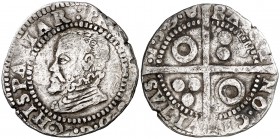 1598. Felipe II. Barcelona. 1 croat. (Cal. 608) (Cru.C.G. 4246j). 3,29 g. Golpecitos. Rara. MBC-.