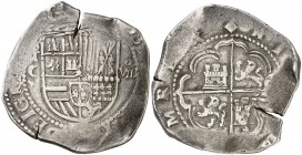 1597. Felipe II. Toledo. C. 8 reales. (Cal. 268). 26,84 g. Fecha de cuatro dígitos al inicio de la leyenda del anverso. Valor: VII. Ex Colección Isabe...