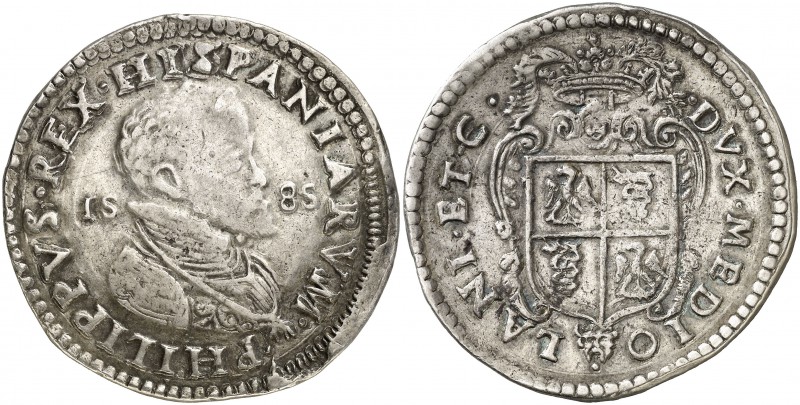 1585. Felipe II. Milán. 1 escudo. (Vti. 52) (MIR. 308/12). 32,09 g. Fecha en cam...