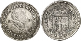 1585. Felipe II. Milán. 1 escudo. (Vti. 52) (MIR. 308/12). 32,09 g. Fecha en campo del anverso. Buen ejemplar. Ex Colección Isabel de Trastámara 26/05...