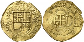 s/d. Felipe II. Sevilla. . 4 escudos. (Cal. 11) (Tauler 11). 13,39 g. La H de HISPANIARVM sin travesaño. Flan grande. Experta reparación bajo el escud...
