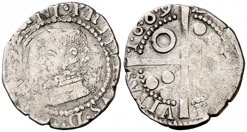 1609. Felipe III. Barcelona. 1/2 croat. (Cal. falta) (Badia falta) (Cru.C.G. fal...
