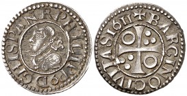 1611. Felipe III. Barcelona. 1/2 croat. (Cal. 534) (Cru.C.G. 4342). 1,78 g. Pátina. MBC+.