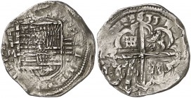 1611. Felipe III. Granada. M. 4 reales. (Cal. 208 var). 13,68 g. Ceca y ensayador sin puntos, y valor con puntos. Ligera doble acuñación. Ex Colección...